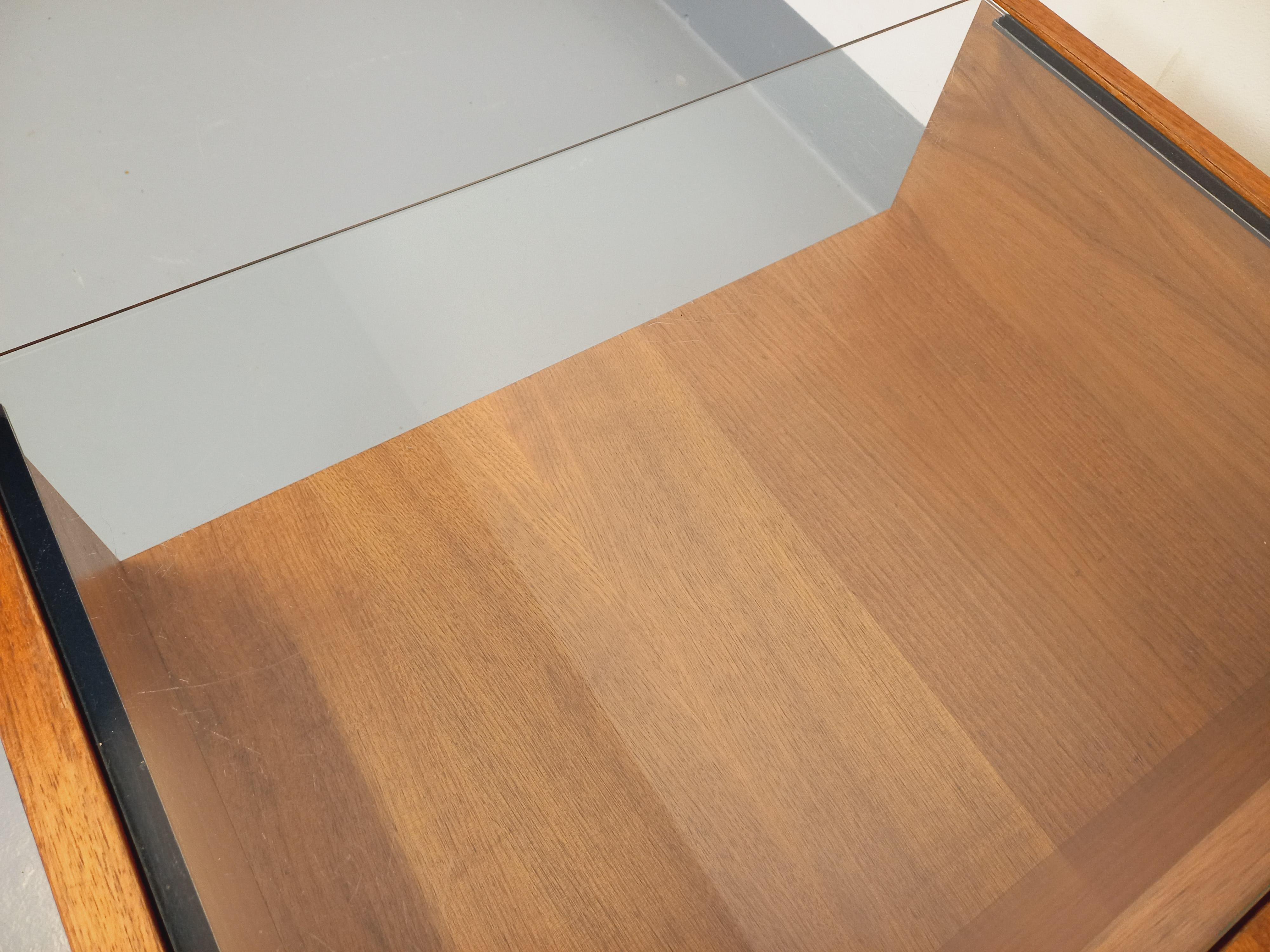 Table basse rectangulaire moderniste vintage avec niches en teck et verre 9