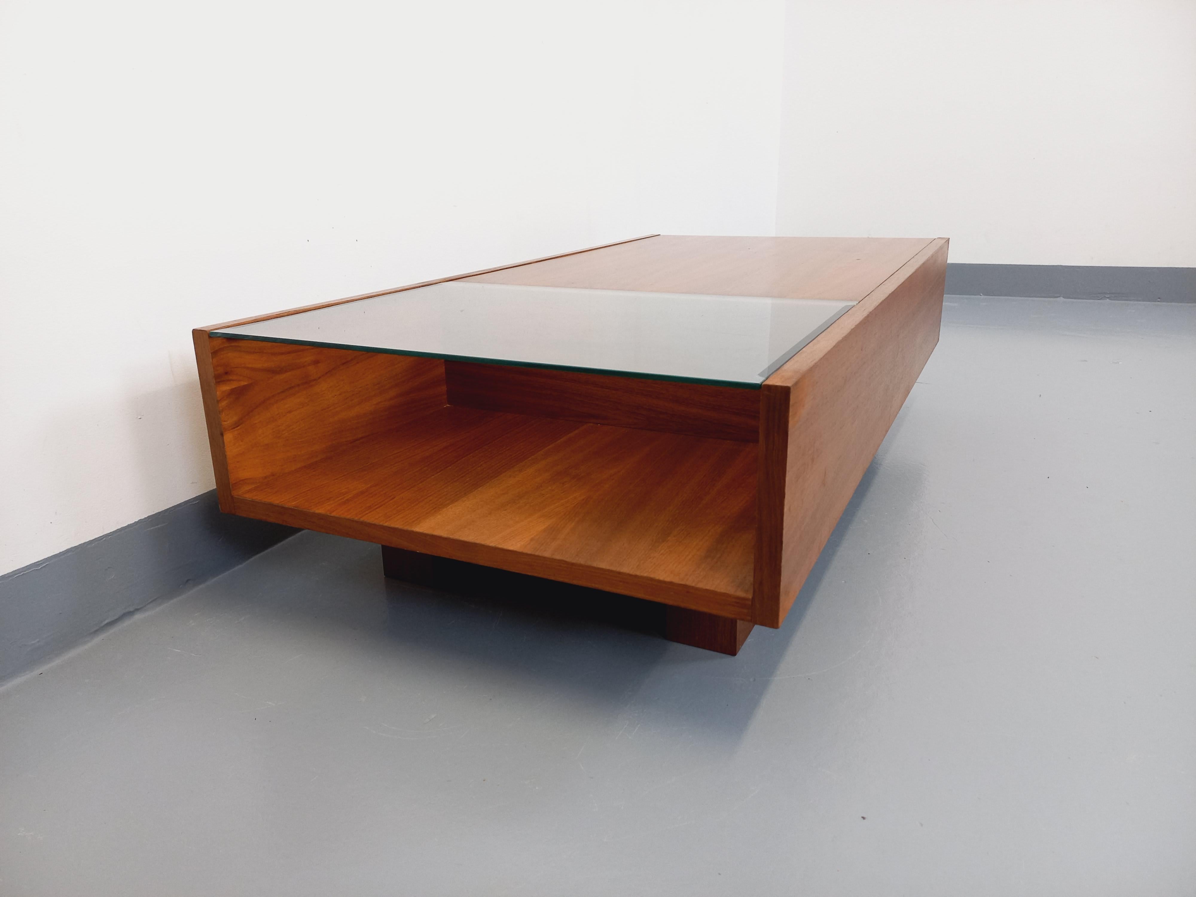 Scandinavian Table basse rectangulaire moderniste vintage avec niches en teck et verre