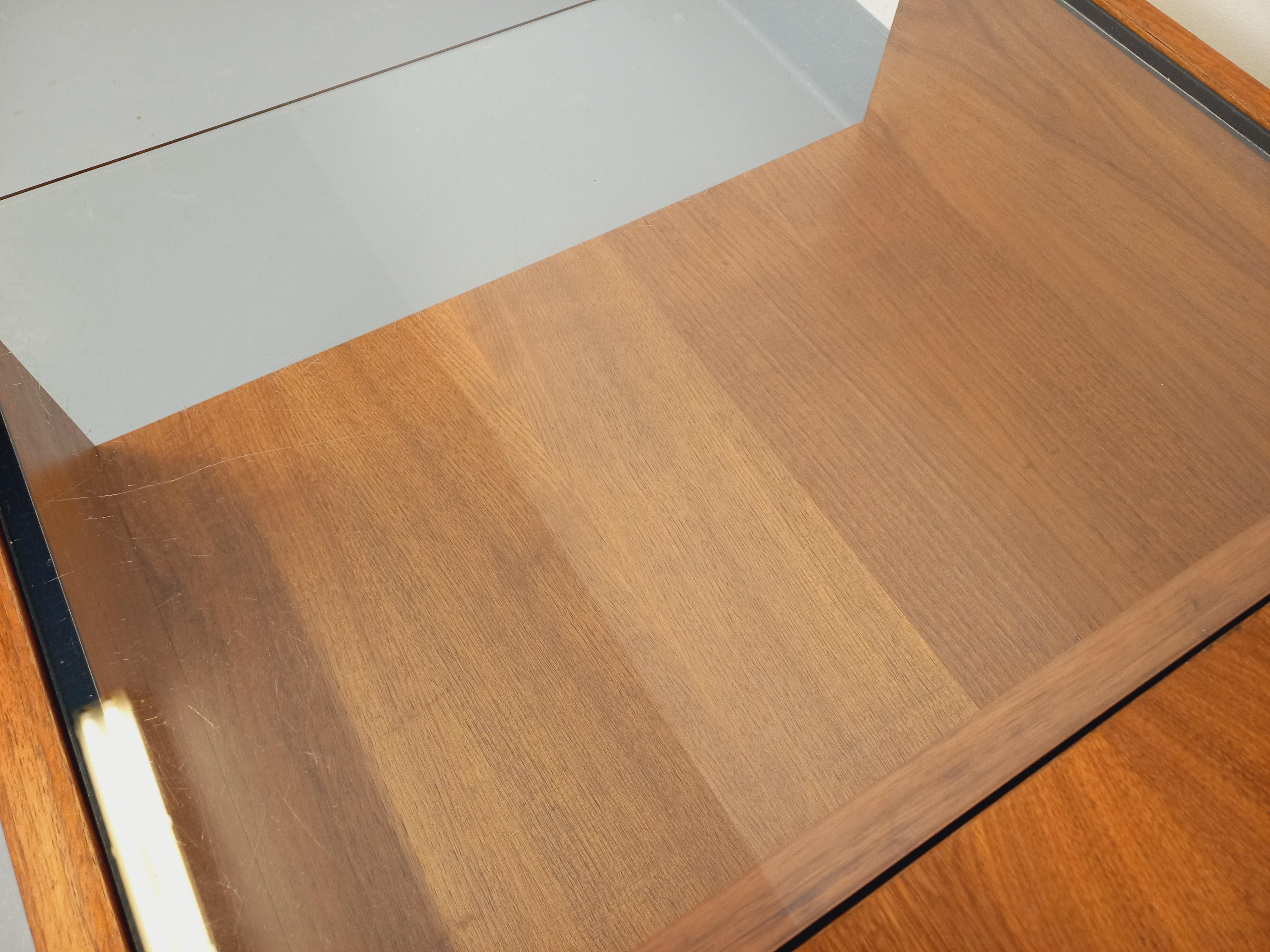Table basse rectangulaire moderniste vintage avec niches en teck et verre 2