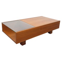 Table basse rectangulaire moderniste vintage avec niches en teck et verre
