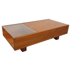 Table basse rectangulaire moderniste vintage avec niches en teck et verre