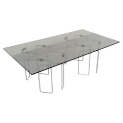 Table basse rectangulaire Space Age vintage en verre fumé et métal chromé