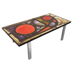 Table basse rectangulaire vintage en métal chromé et céramique Juliette Belarti