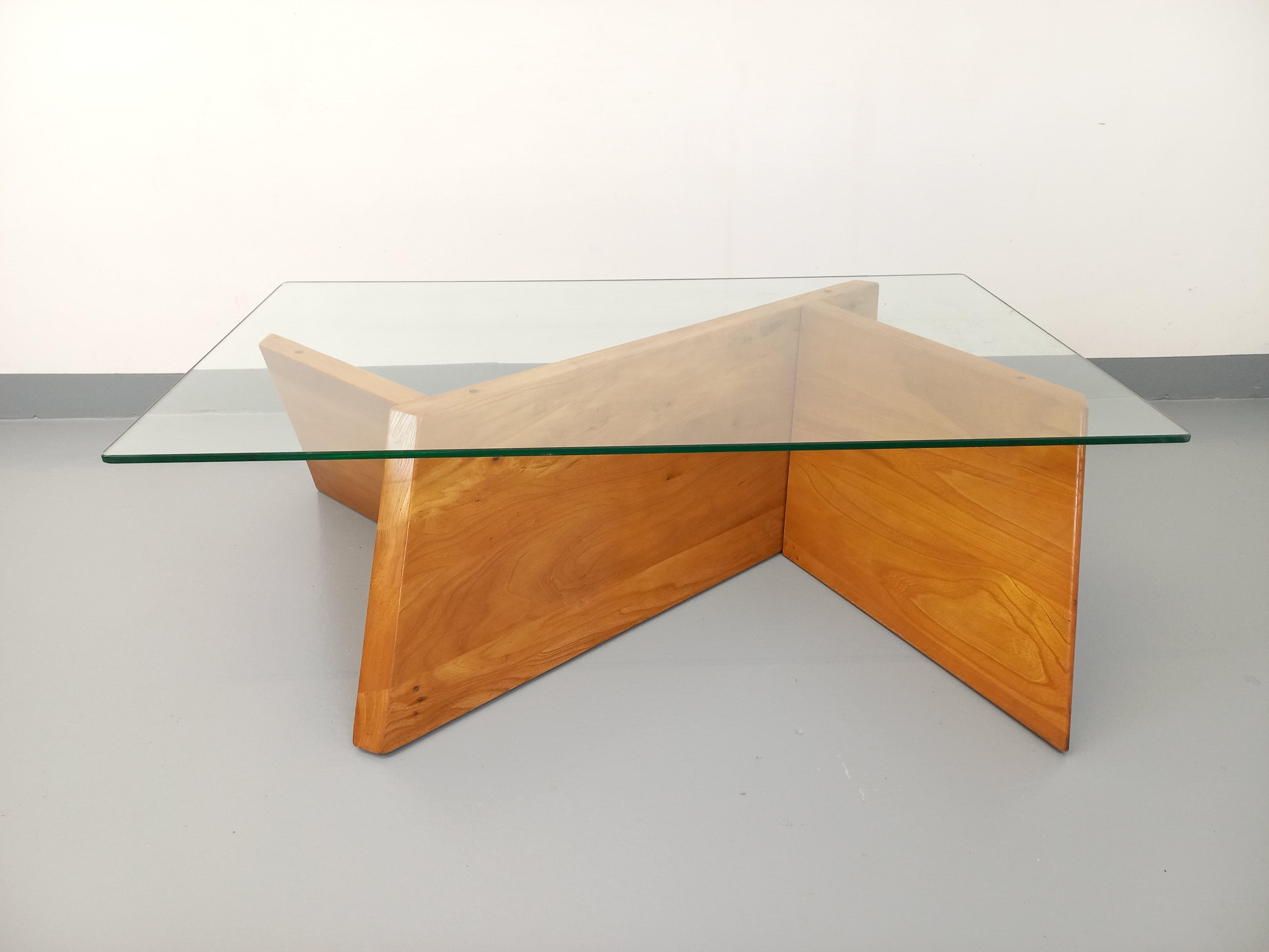 Rechteckiger Vintage-Tisch aus Massivholz und Verre aus den 80er Jahren im Angebot 2