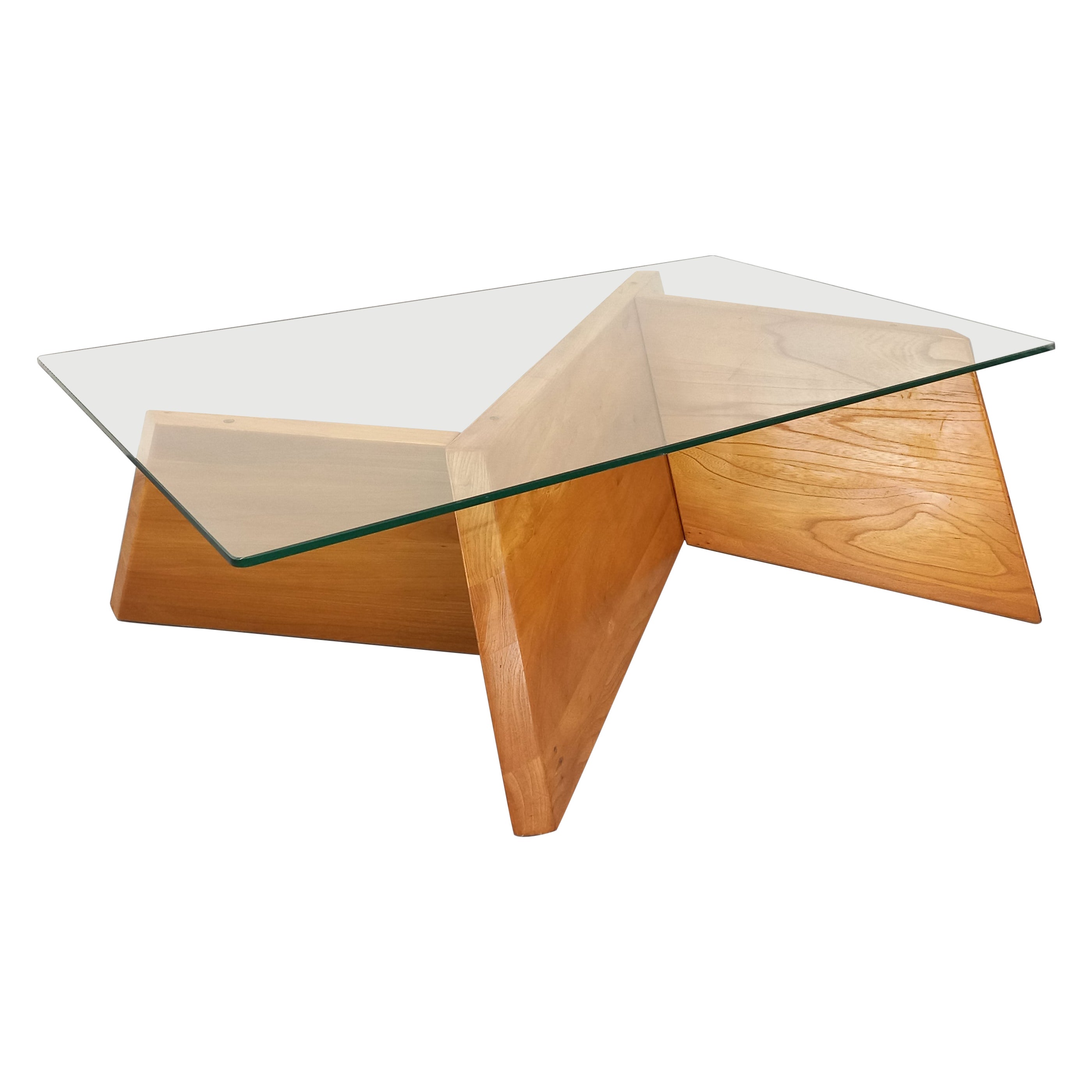 Table basse rectangulaire vintage en orme massif et verre des années 80