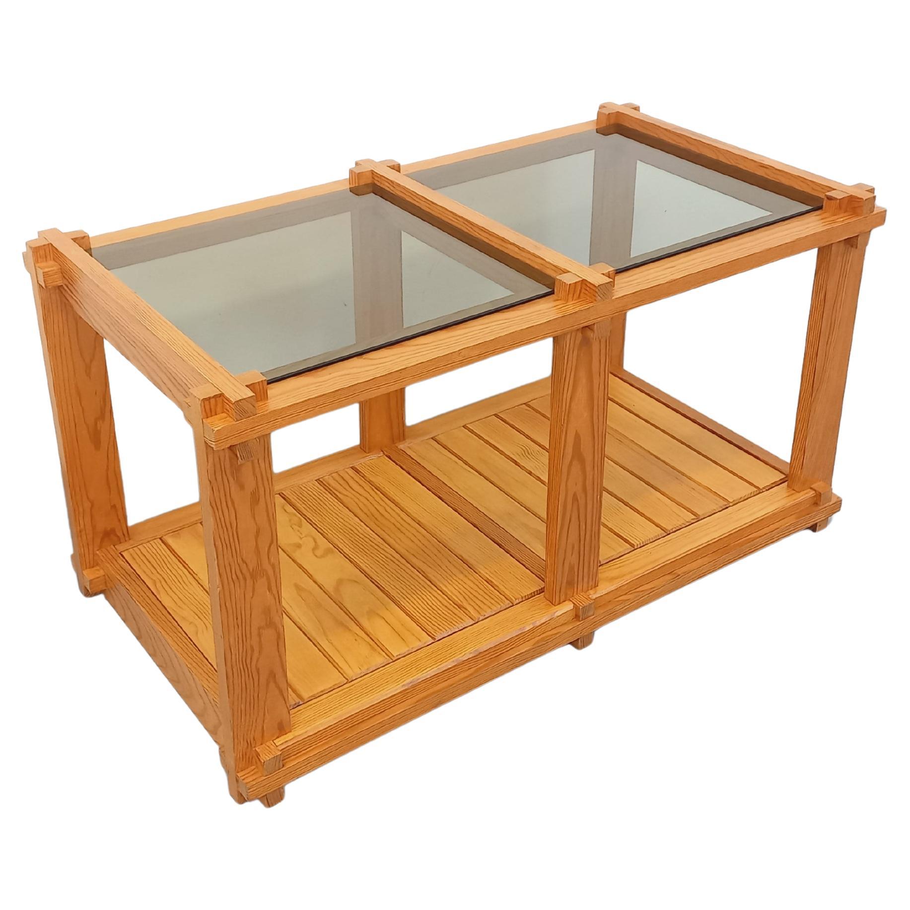Table basse rectangulaire vintage en pin et verre fumé des années 70 80