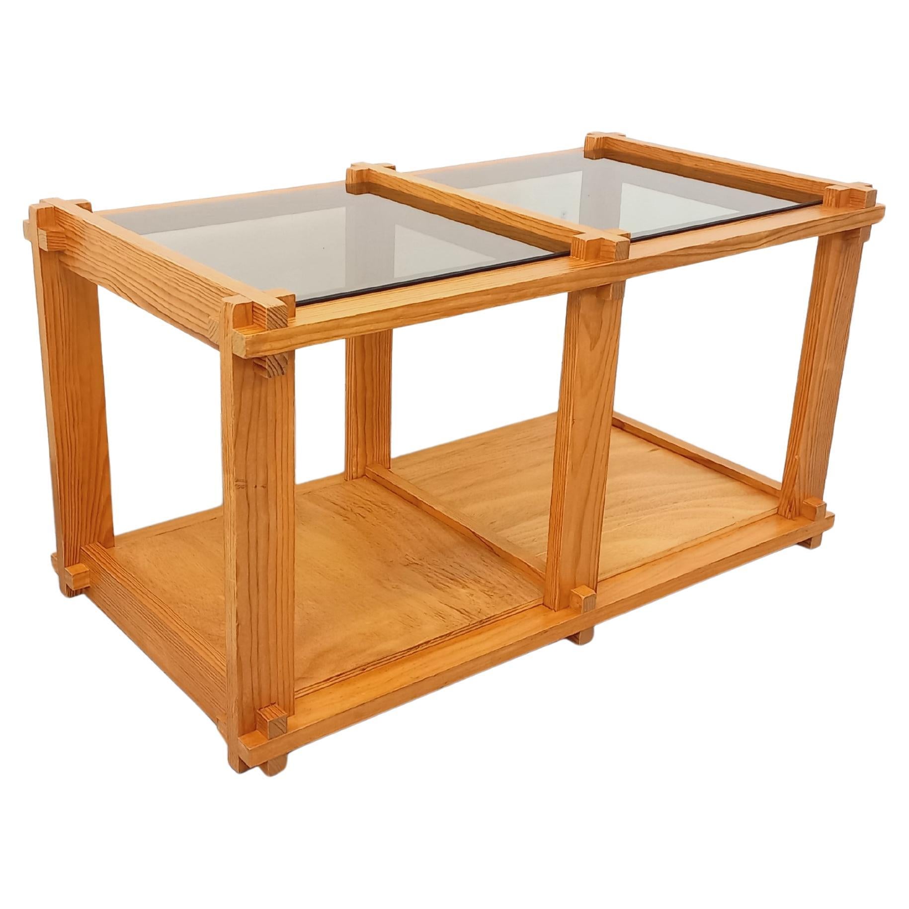 Table basse rectangulaire vintage en pin et verre fumé des années 70 80