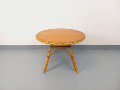 Table basse ronde en rotin et bois vintage des années 60
