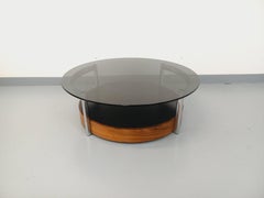 Table basse ronde italienne vintage en palissandre courbé, métal chromé et verre
