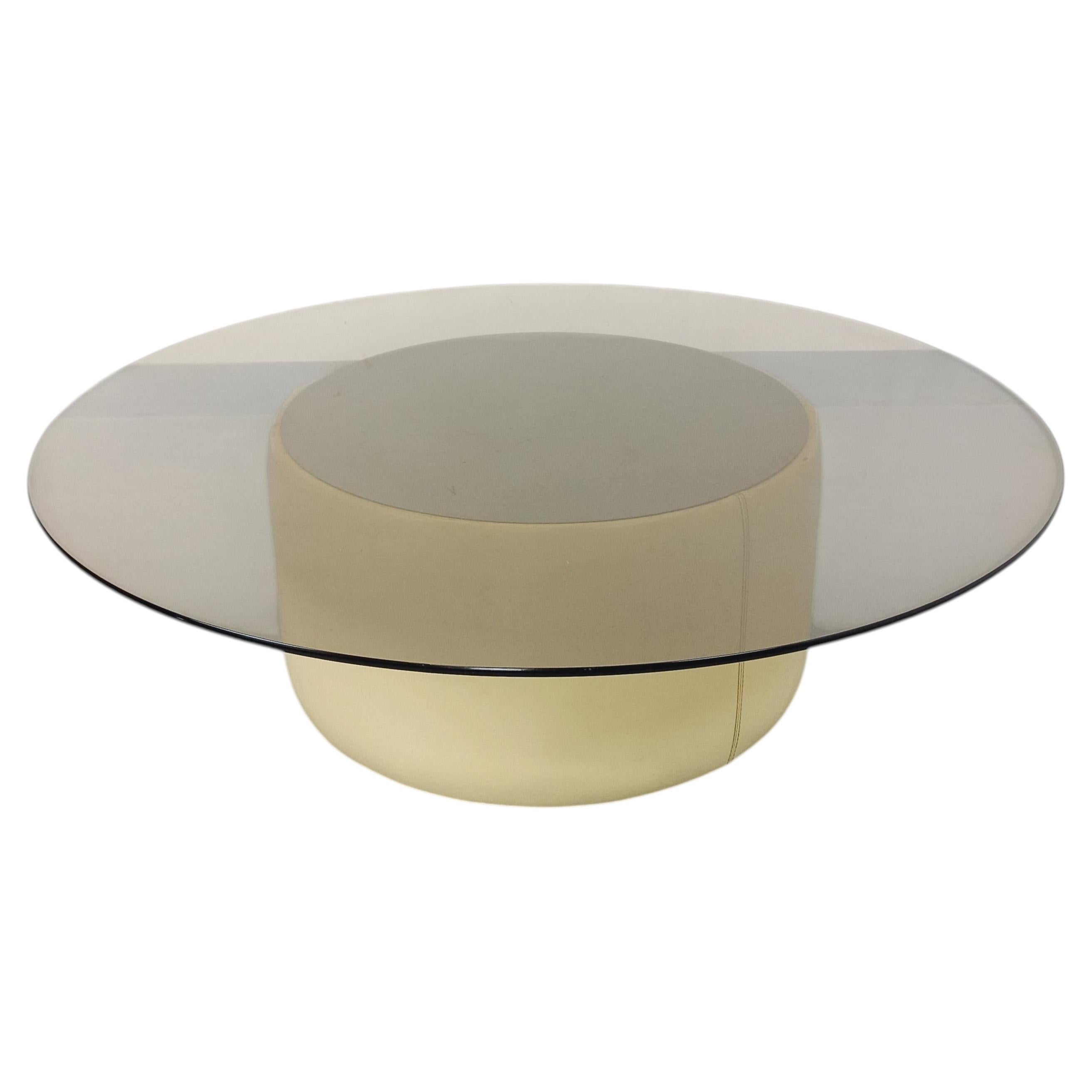Table basse ronde vintage en verre, cuir et métal style Space Age des années 70