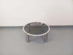 Table basse ronde vintage en verre fumé et métal chromé des années 70