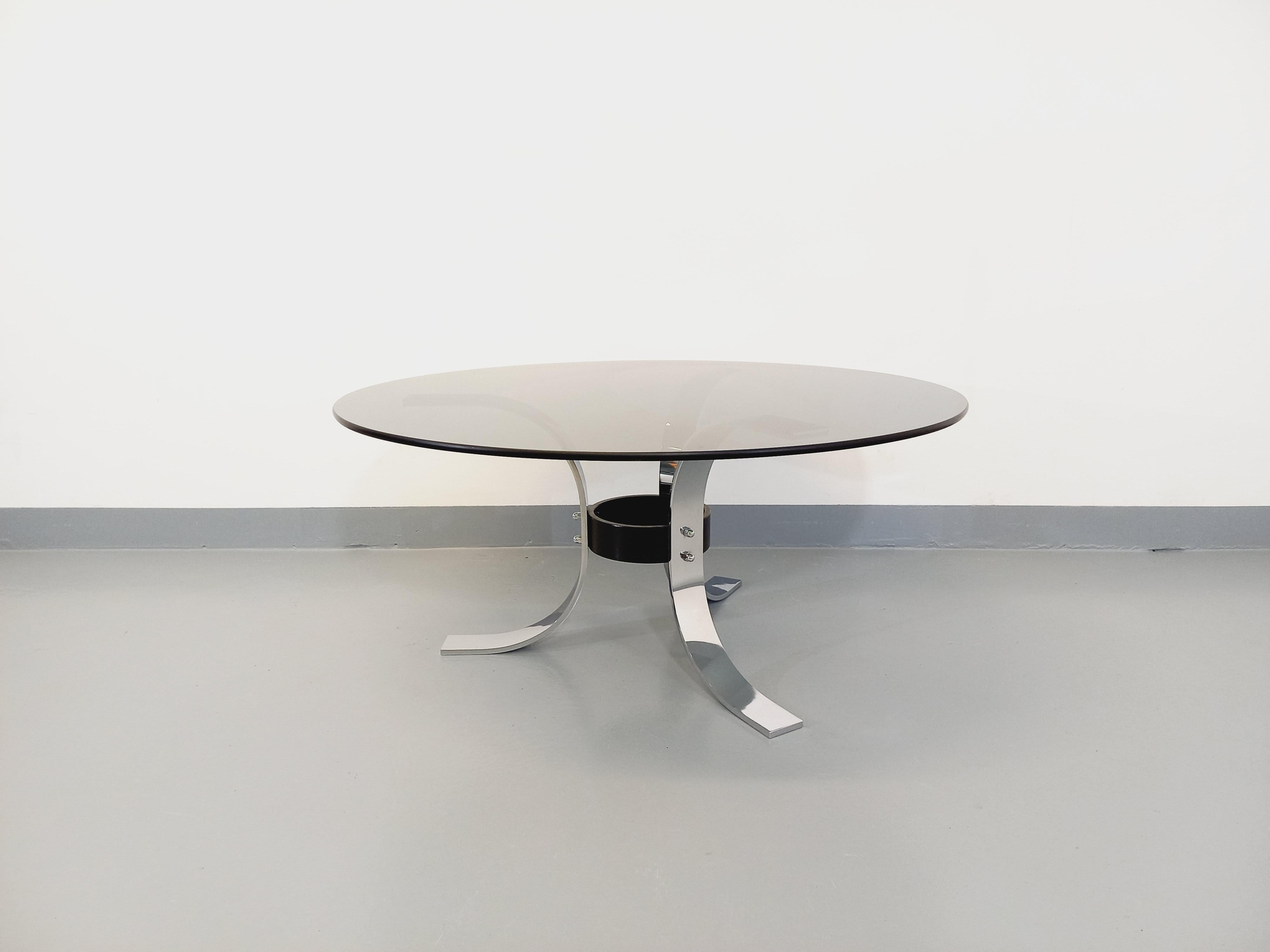 Table basse ronde vintage en verre, métal chromé et métal noir style A Space 3