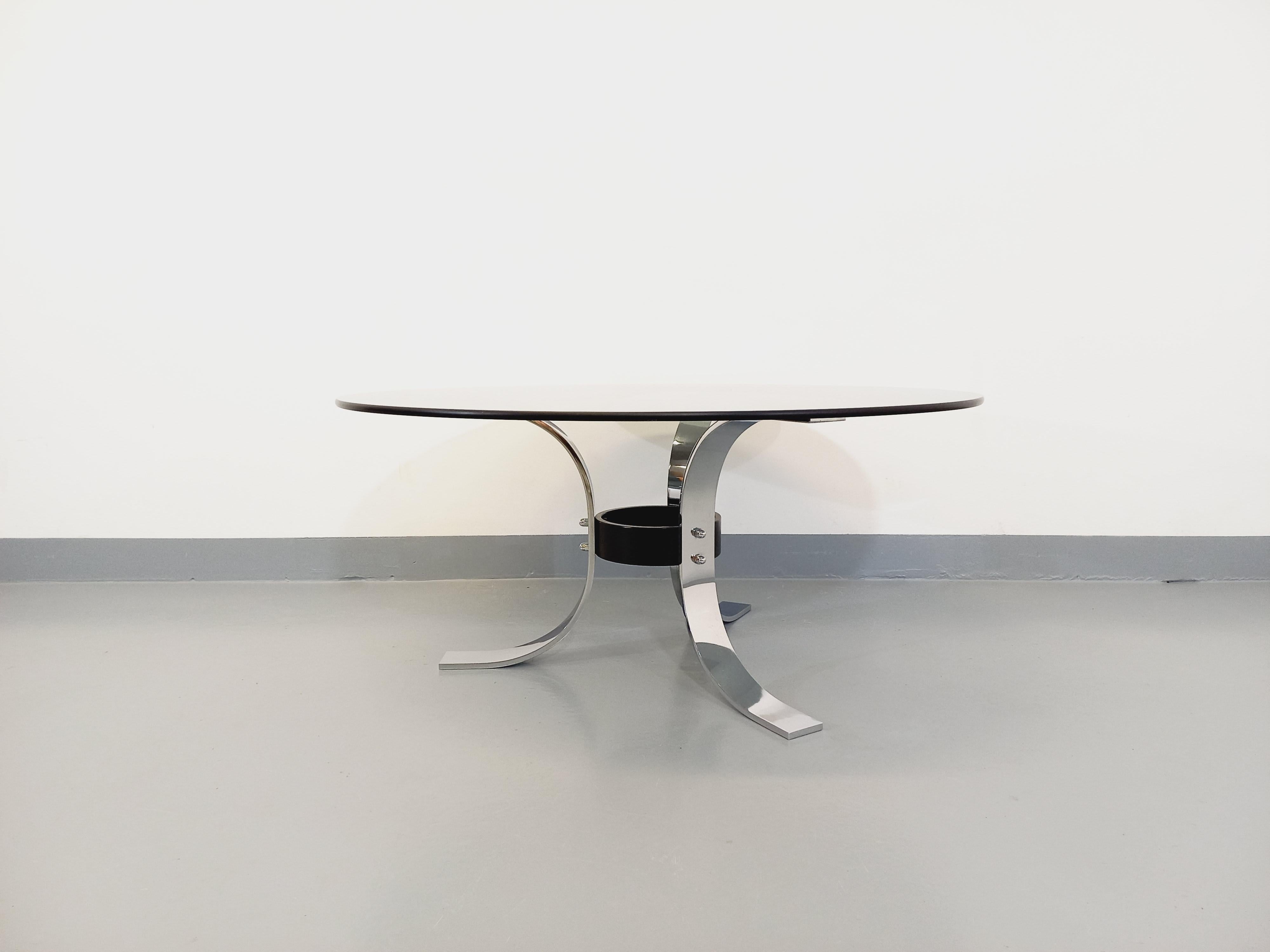 Table basse ronde vintage en verre, métal chromé et métal noir style A Space 8