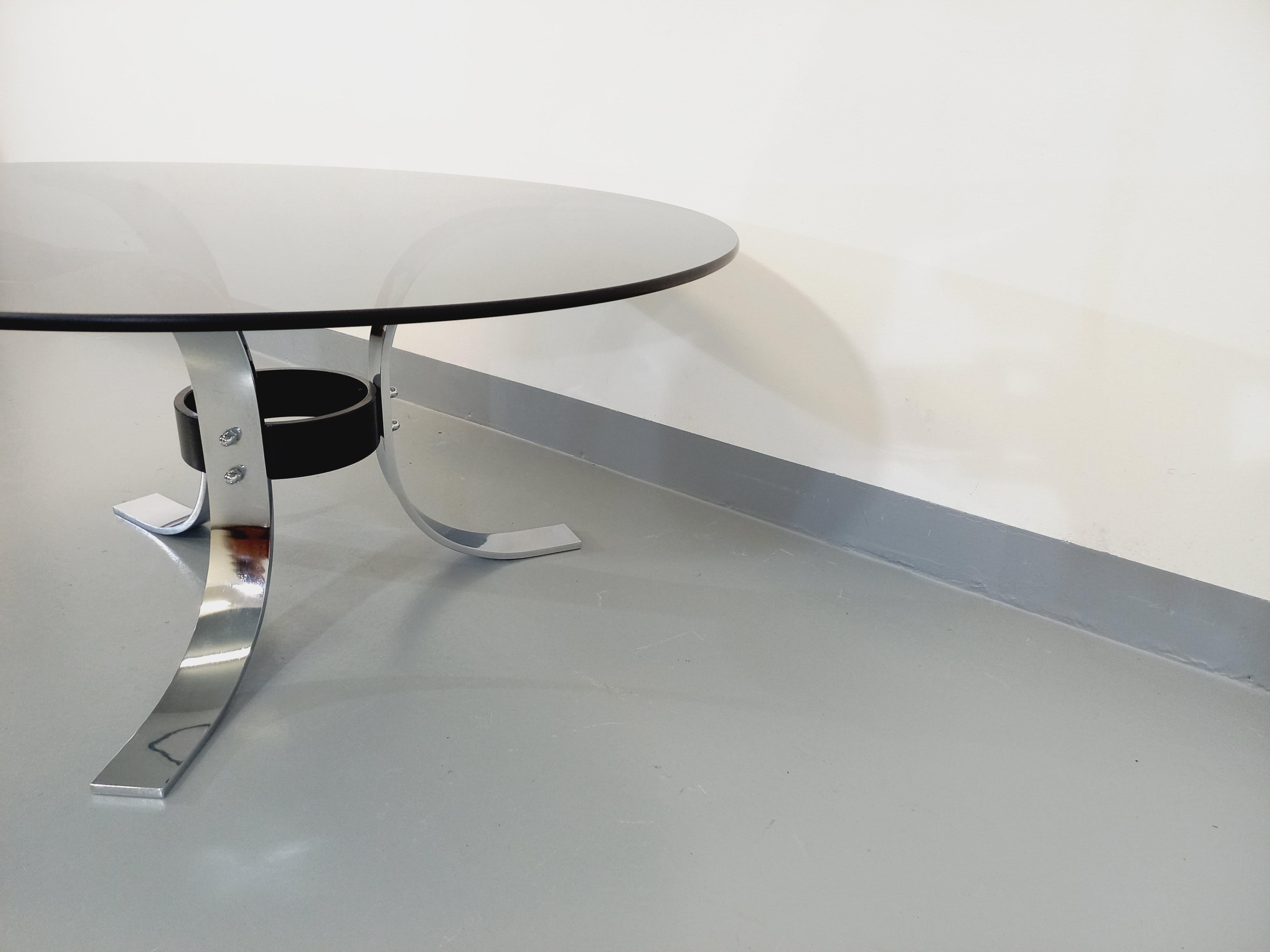 Fin du 20e siècle Table basse ronde vintage en verre, métal chromé et métal noir style A Space