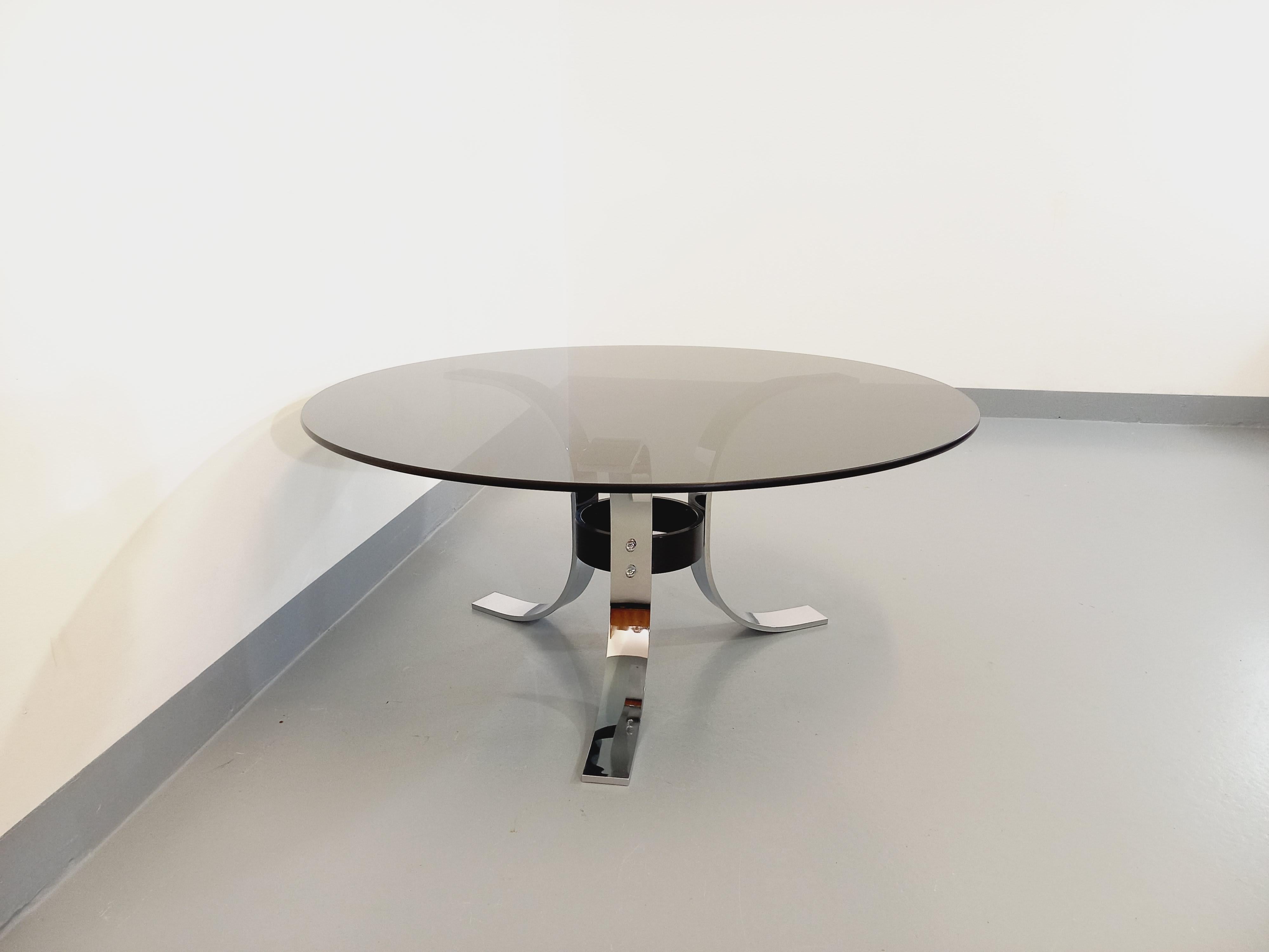Métal Table basse ronde vintage en verre, métal chromé et métal noir style A Space