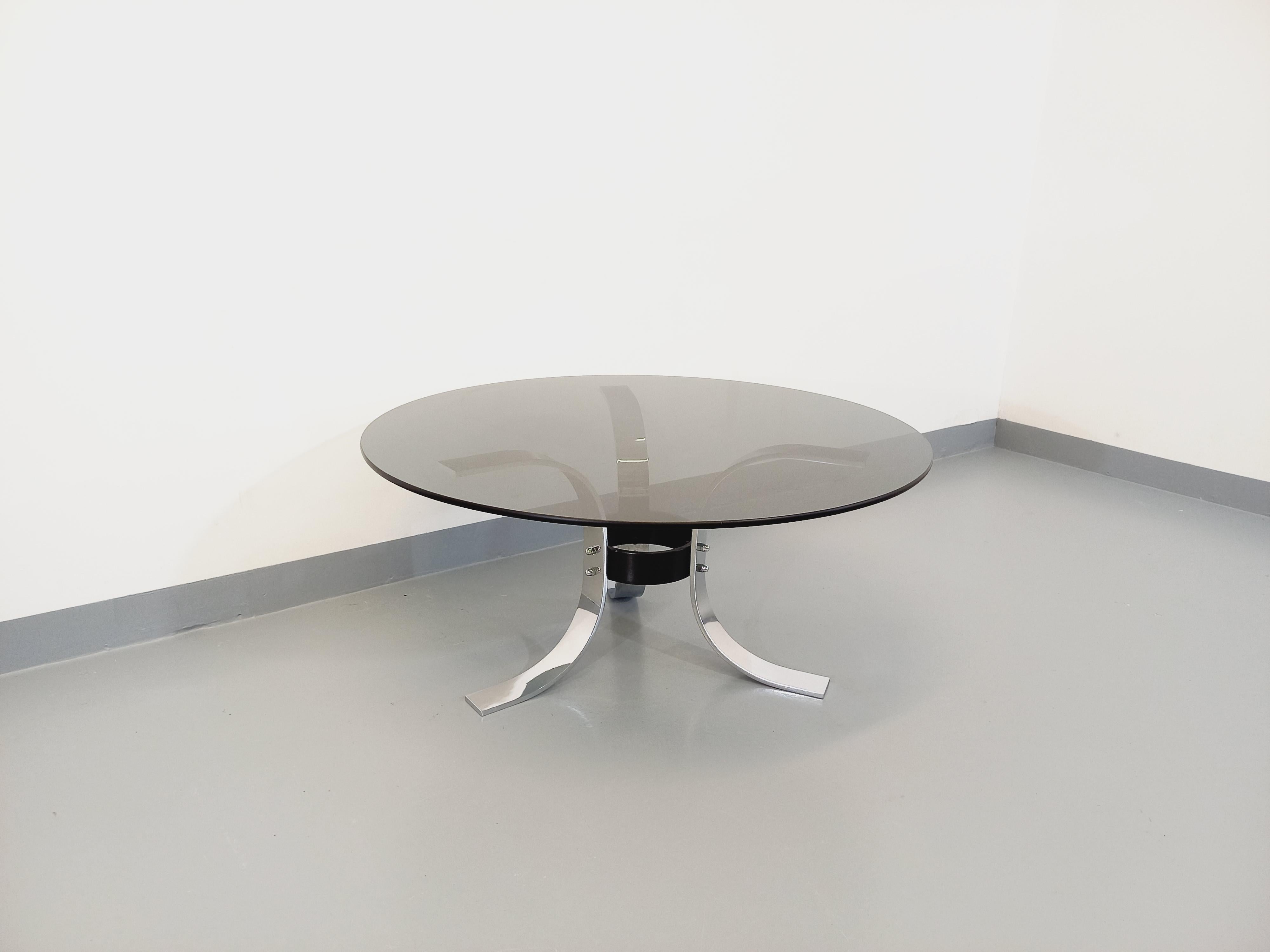 Table basse ronde vintage en verre, métal chromé et métal noir style A Space 1
