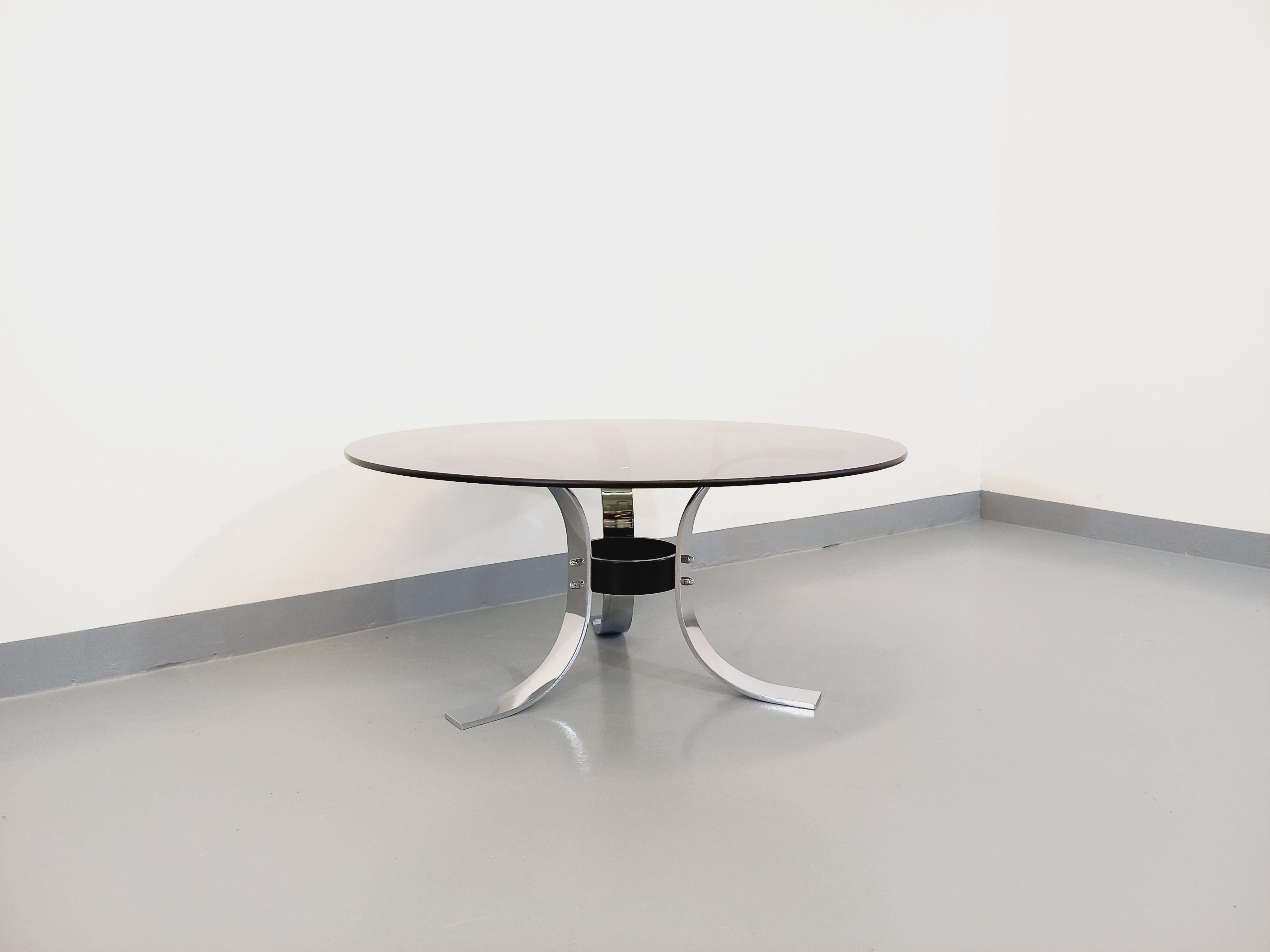 Table basse ronde vintage en verre, métal chromé et métal noir style A Space 2