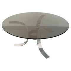 Table basse ronde vintage en verre, métal chromé et métal noir style A Space