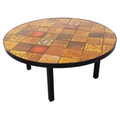 Table basse ronde vintage Roche Bobois en métal noir et céramique des années 70