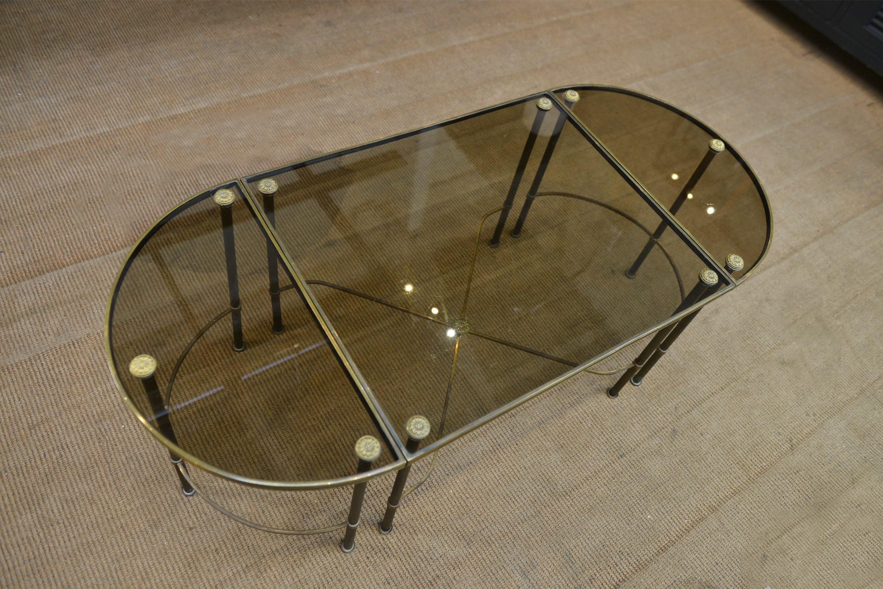 Table Basse Tripartite en Laiton et Verre par Maison Bagues, France, 1960s For Sale 6