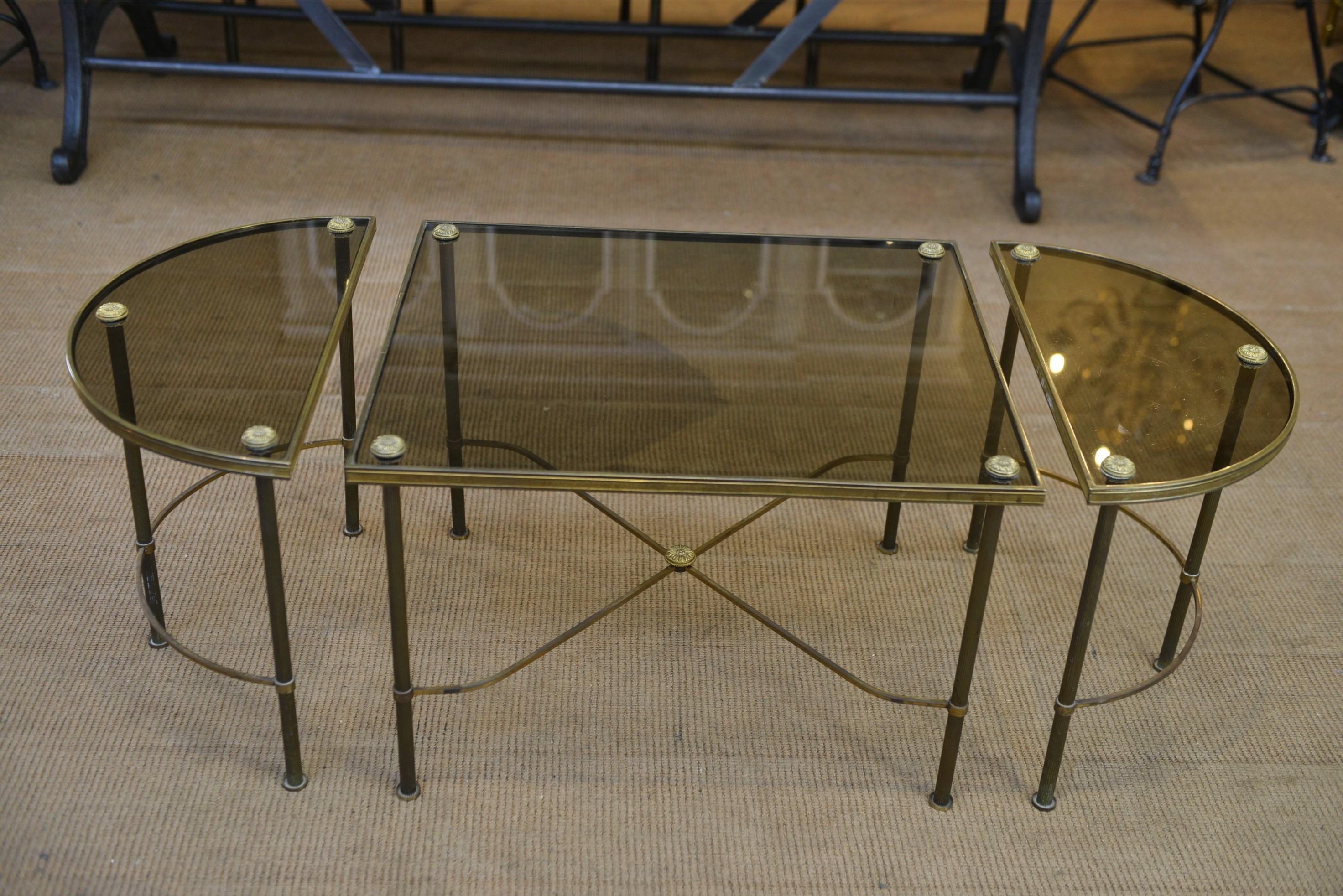 Table Basse Tripartite en Laiton et Verre par Maison Bagues, France, 1960s For Sale 9