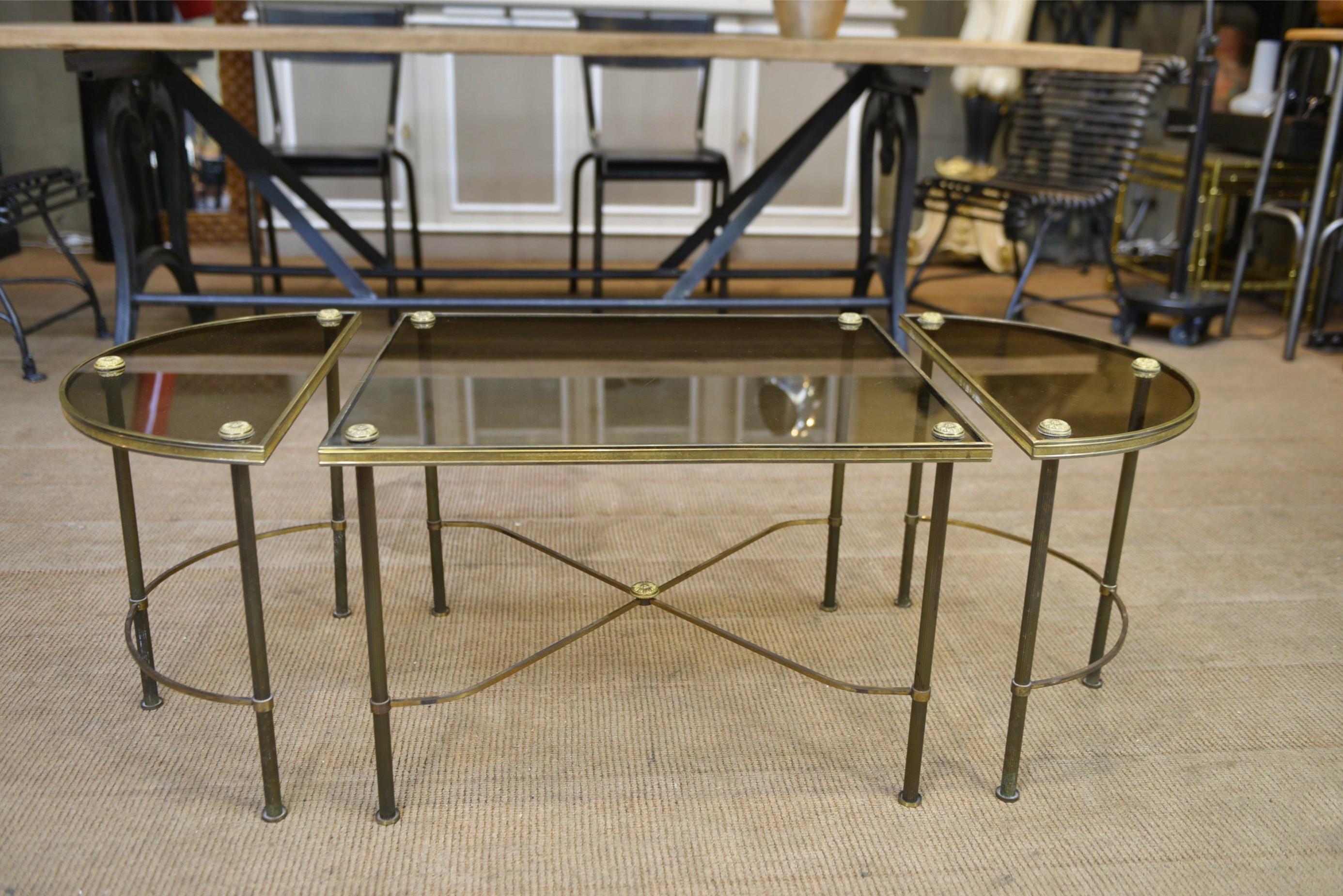Table Basse Tripartite en Laiton et Verre par Maison Bagues, France, 1960s For Sale 1