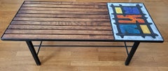Table basse Vallauris Madoura Jouver en bois , céramique France Côte-d'Azur 1960