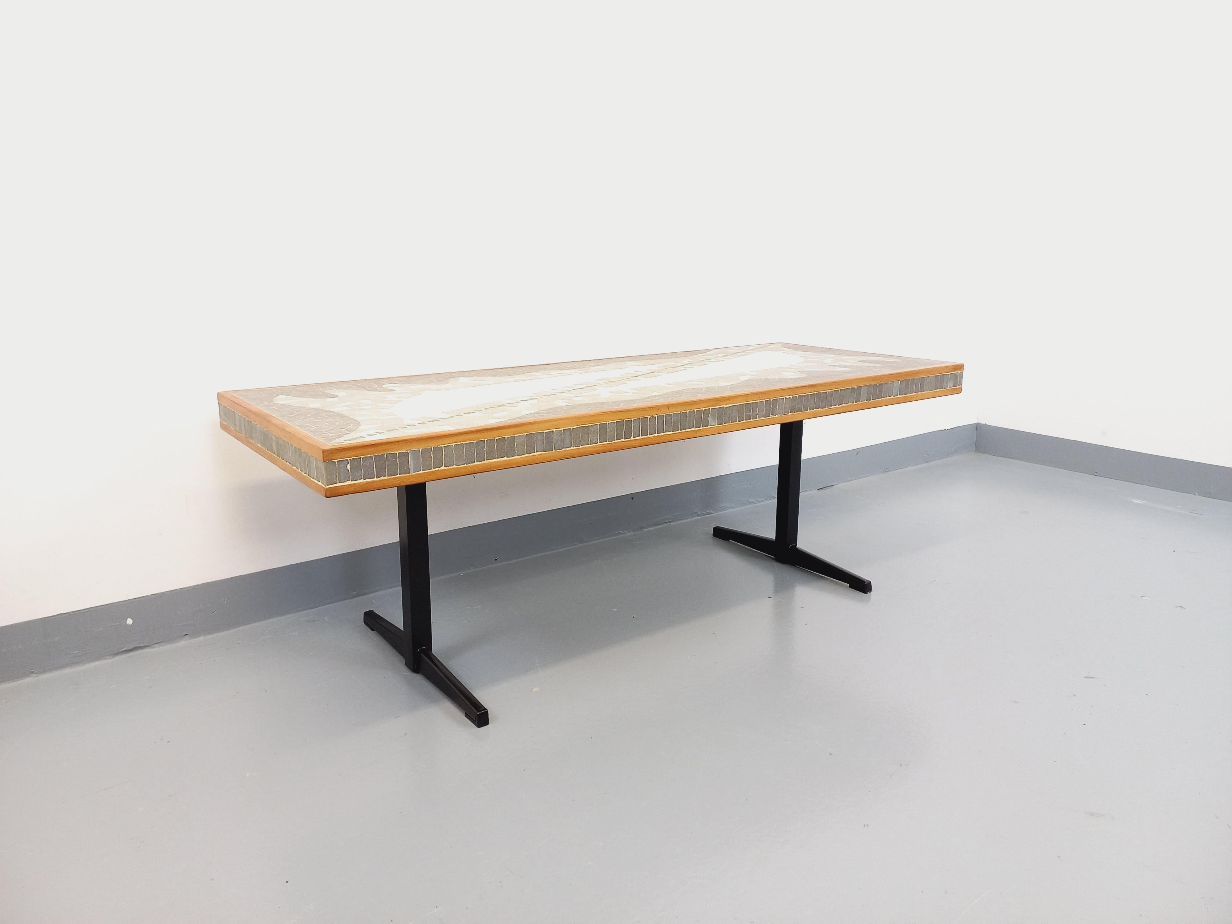 Table basse vintage Berthold Müller en mosaïque, bois et métal des années 50 60 1