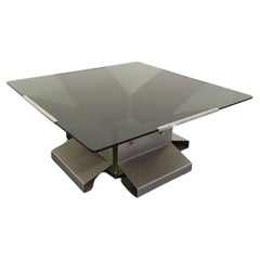 Table basse vintage carrée de François Monnet en acier et verre fumé années 70