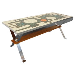 Table basse vintage des années 60 70 en céramique, métal chromé et bois