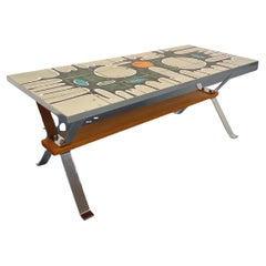 Table basse vintage des années 60 70 en céramique, métal chromé et bois