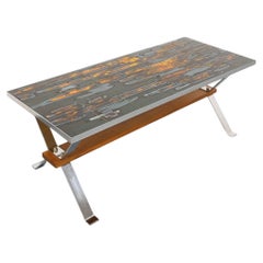 Table basse vintage des années 60 70 en céramique, métal chromé et bois