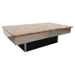 Table basse vintage en granit, métal chromé et mélaminé noir avec bar années 70