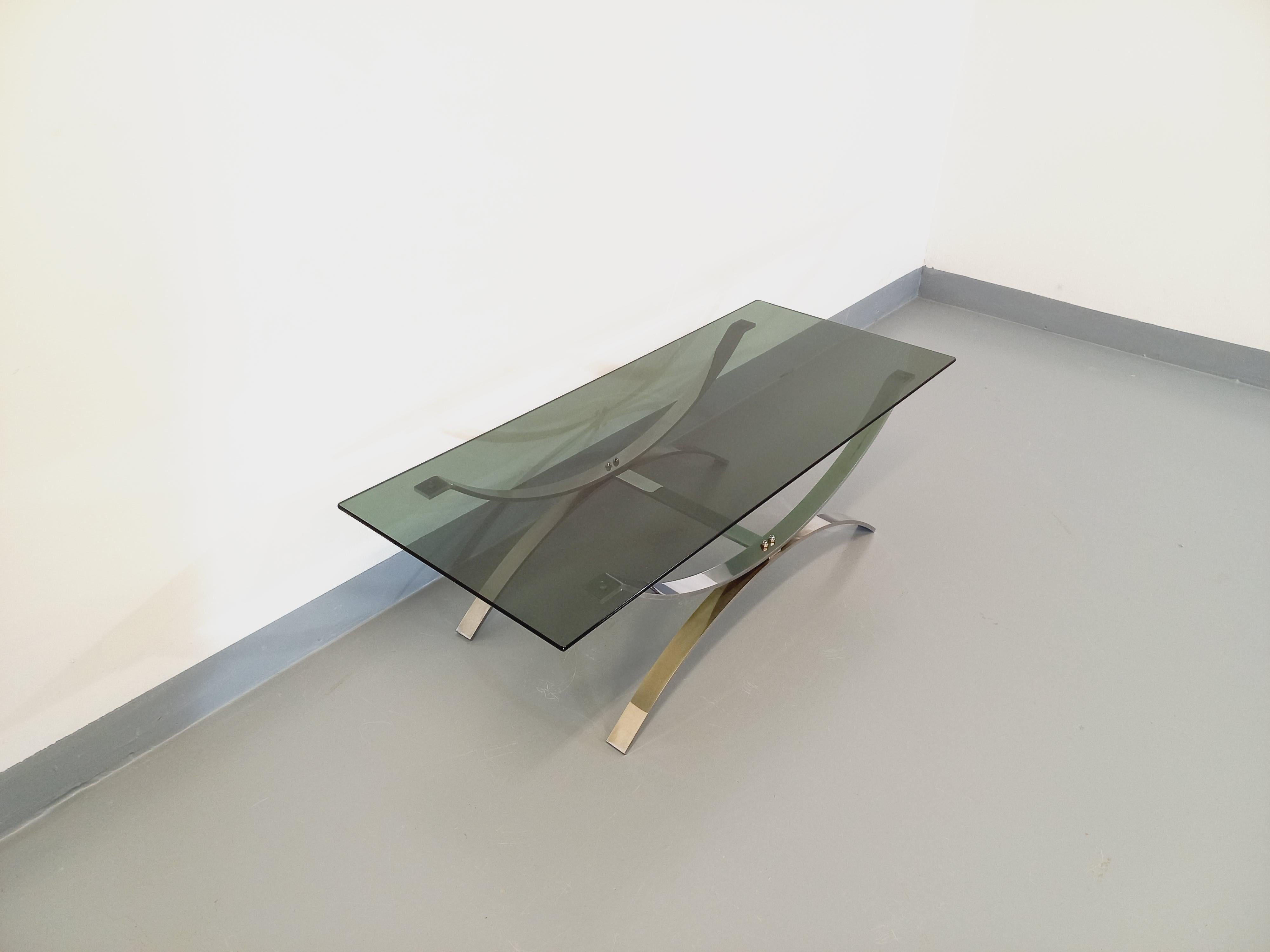 Table basse vintage en verre et métal chromé des années 70 Bon état - En vente à BESANÇON, FR