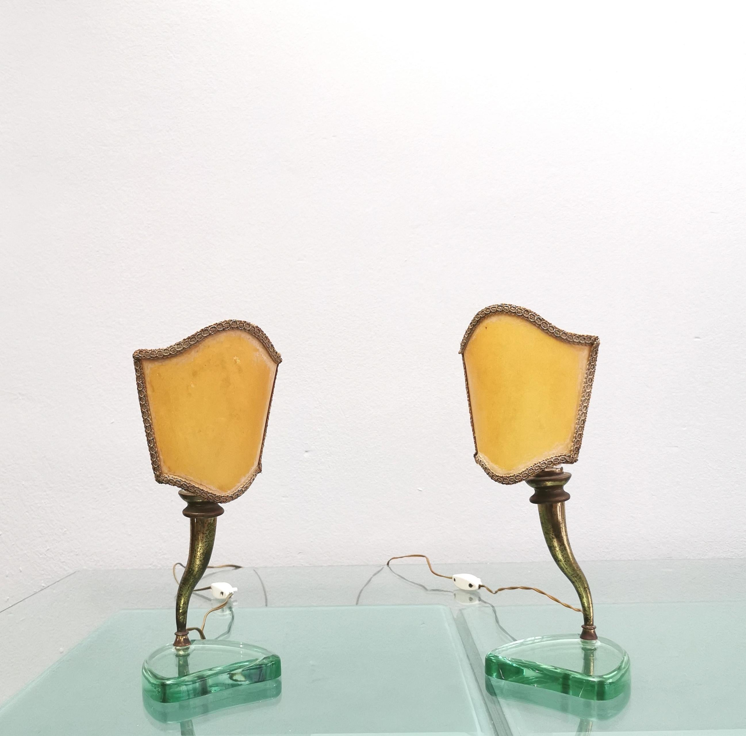 Mid-Century Modern Table Bedside Lamps Brass Crystal Glass Parchment Emilio Lancia 1940 Set of 2