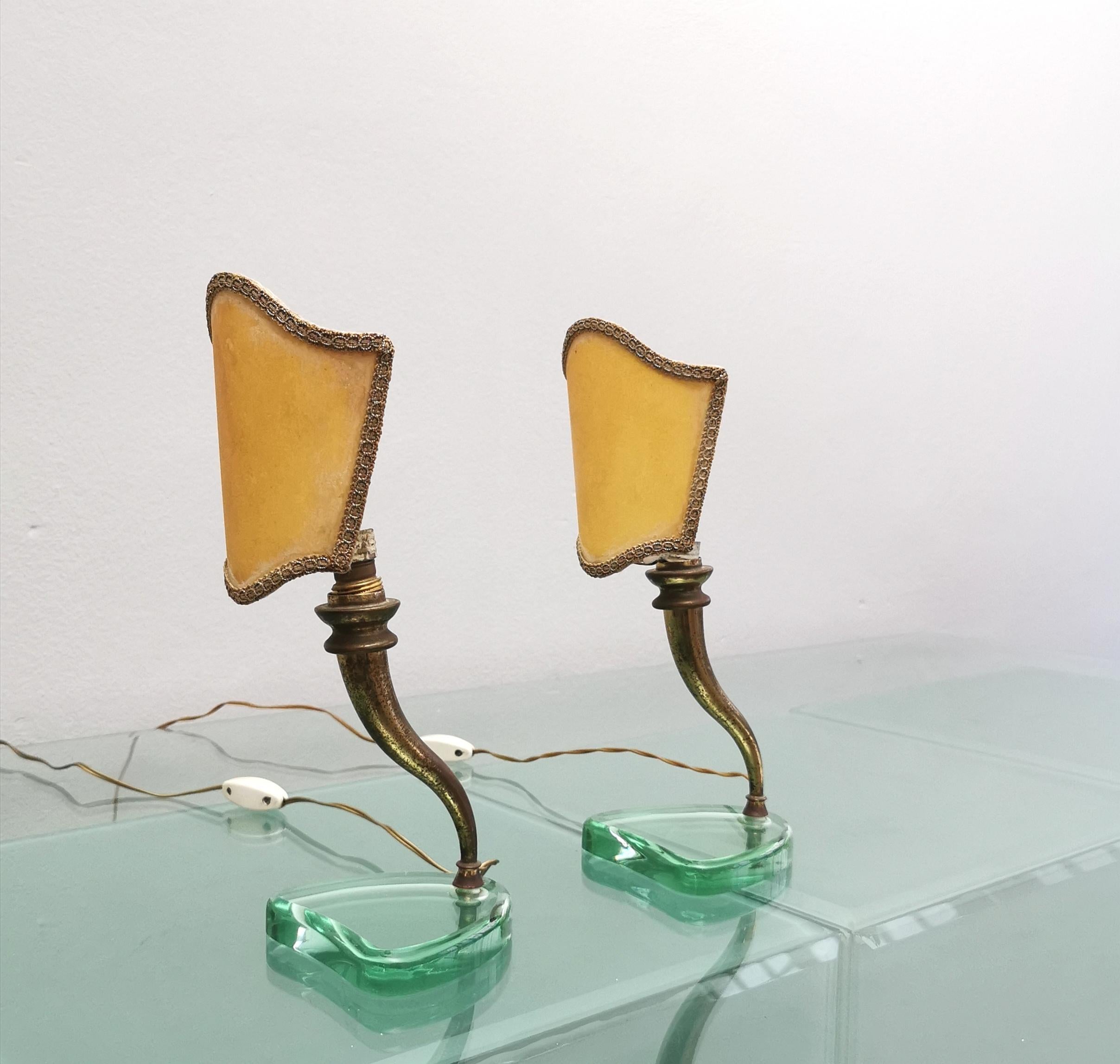 Table Bedside Lamps Brass Crystal Glass Parchment Emilio Lancia 1940 Set of 2 In Good Condition In Palermo, IT