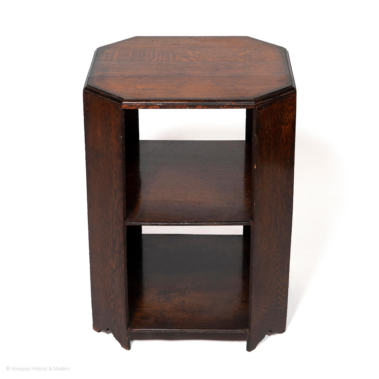 - Classic Arts & Crafts design attributed to Heals
- Elegant architectural form with the angled supports creating the octagonal shape
- Small proportions which are practical for occasional tables
- Tiered design creates ample space for books,