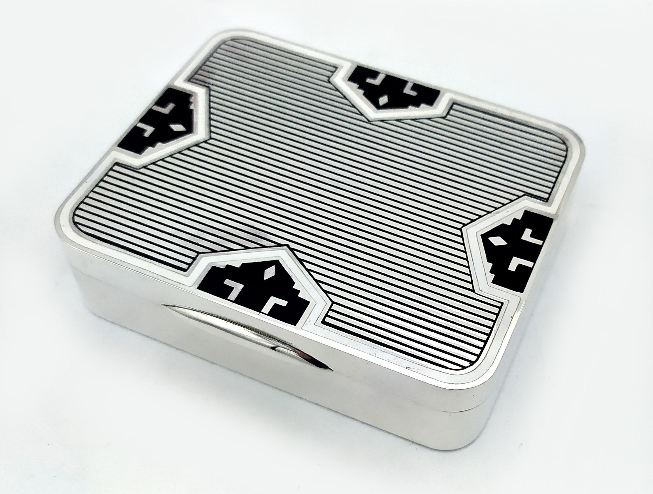 Rectangular Table Box with rounded corners in 925/1000 sterling silver with fire Enamel Art Deco design. Dimensions cm. 9 x 11 x 2.8. Weight gr. 324. Designed by Giorgio Salimbeni in 1976 inspired by objects designed by Louis Cartier around 1920 and