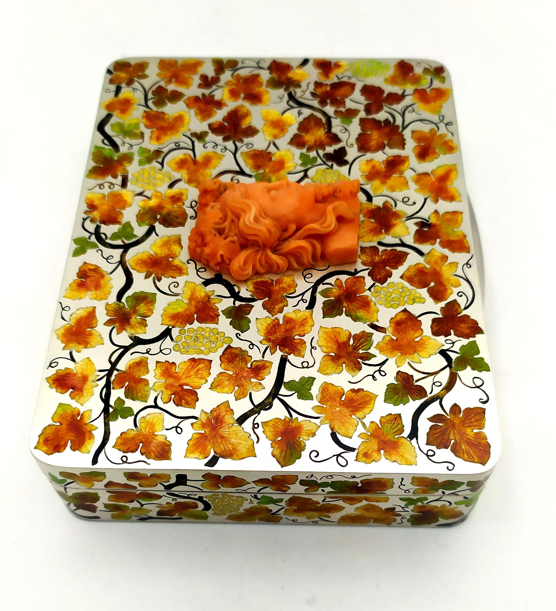 Italian Table Box autumn colours, Art Nouveau style Sterling Silver, Enamel and Coral Sa For Sale