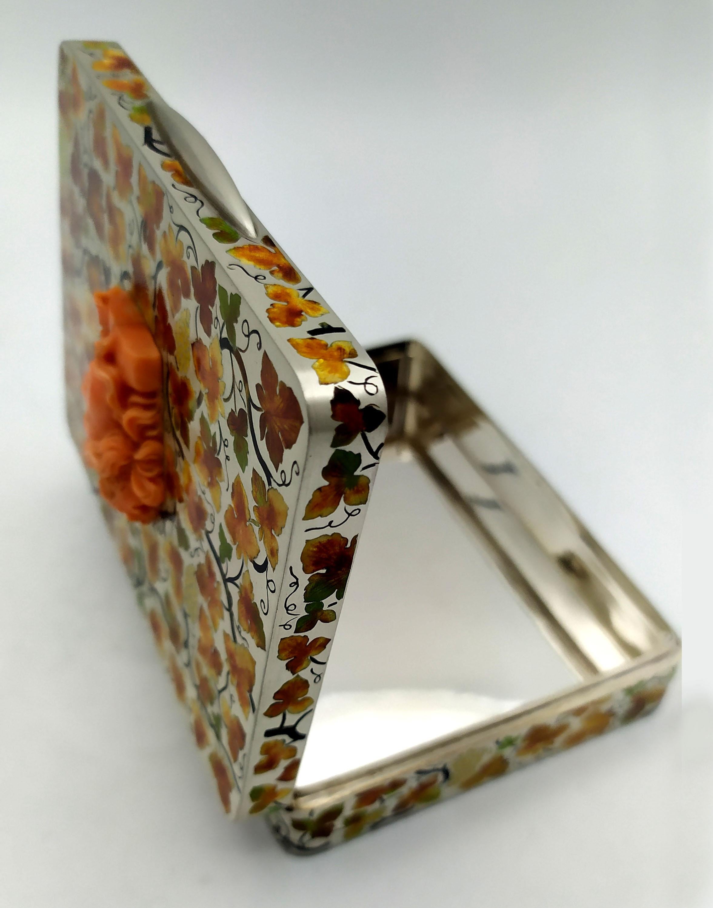 Mid-20th Century Table Box autumn colours, Art Nouveau style Sterling Silver, Enamel and Coral Sa For Sale