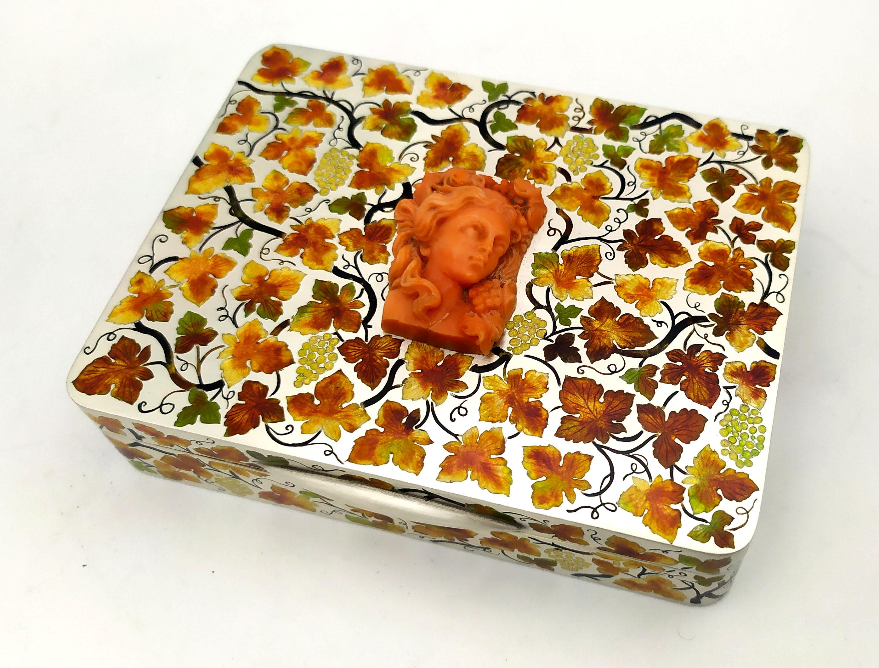 Table Box autumn colours, Art Nouveau style Sterling Silver, Enamel and Coral Sa For Sale