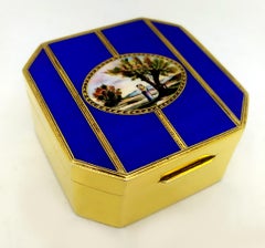 Table Box blue and gold with handpainted miniature fire-enameled on guilloche Sa