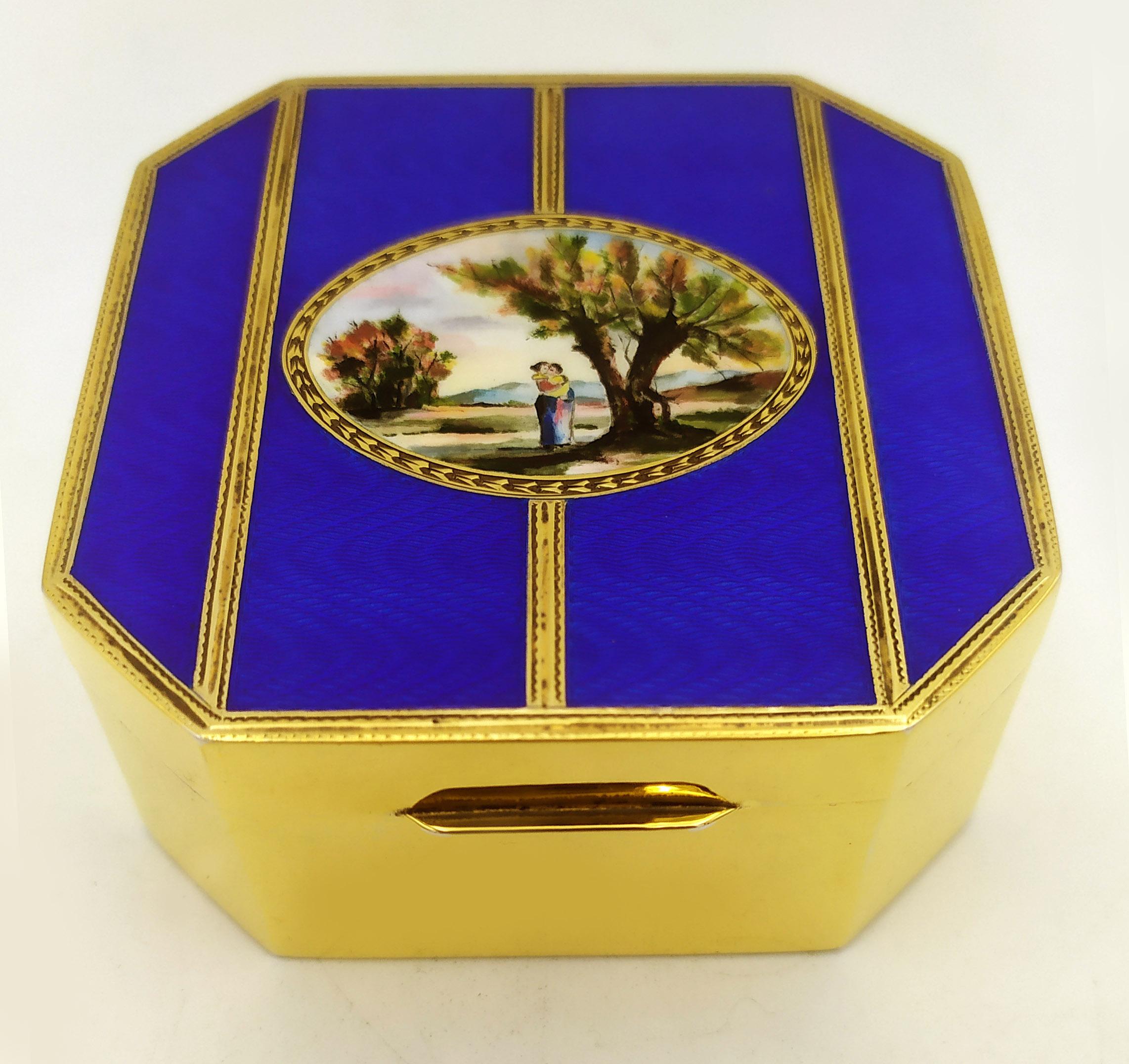 Empire Table Box blue and gold with handpainted miniature fire-enameled on guilloche Sa For Sale