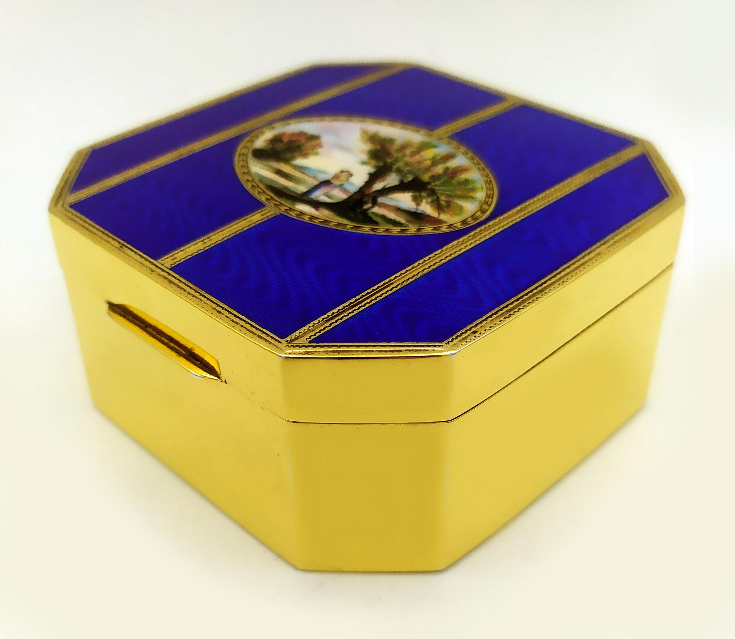 Italian Table Box blue and gold with handpainted miniature fire-enameled on guilloche Sa For Sale