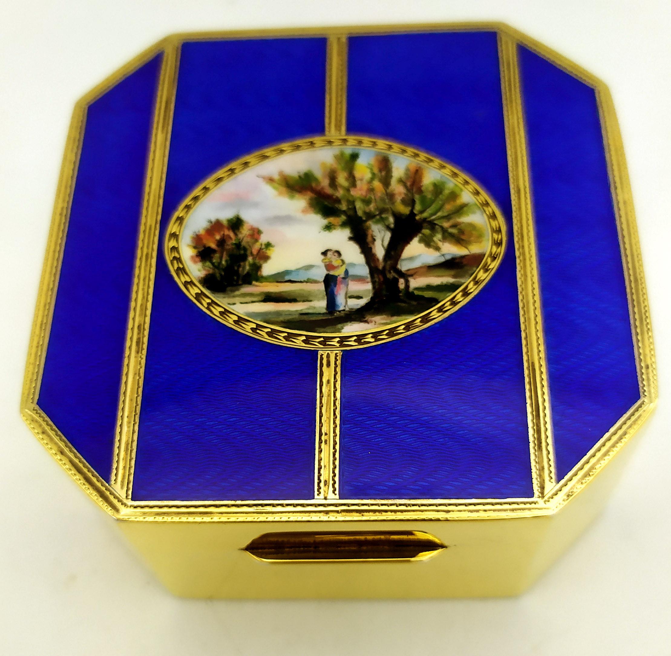 Hand-Carved Table Box blue and gold with handpainted miniature fire-enameled on guilloche Sa For Sale