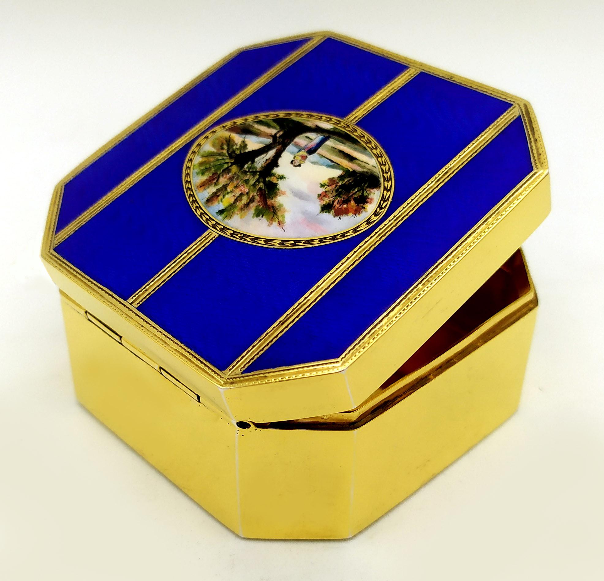 Late 20th Century Table Box blue and gold with handpainted miniature fire-enameled on guilloche Sa For Sale