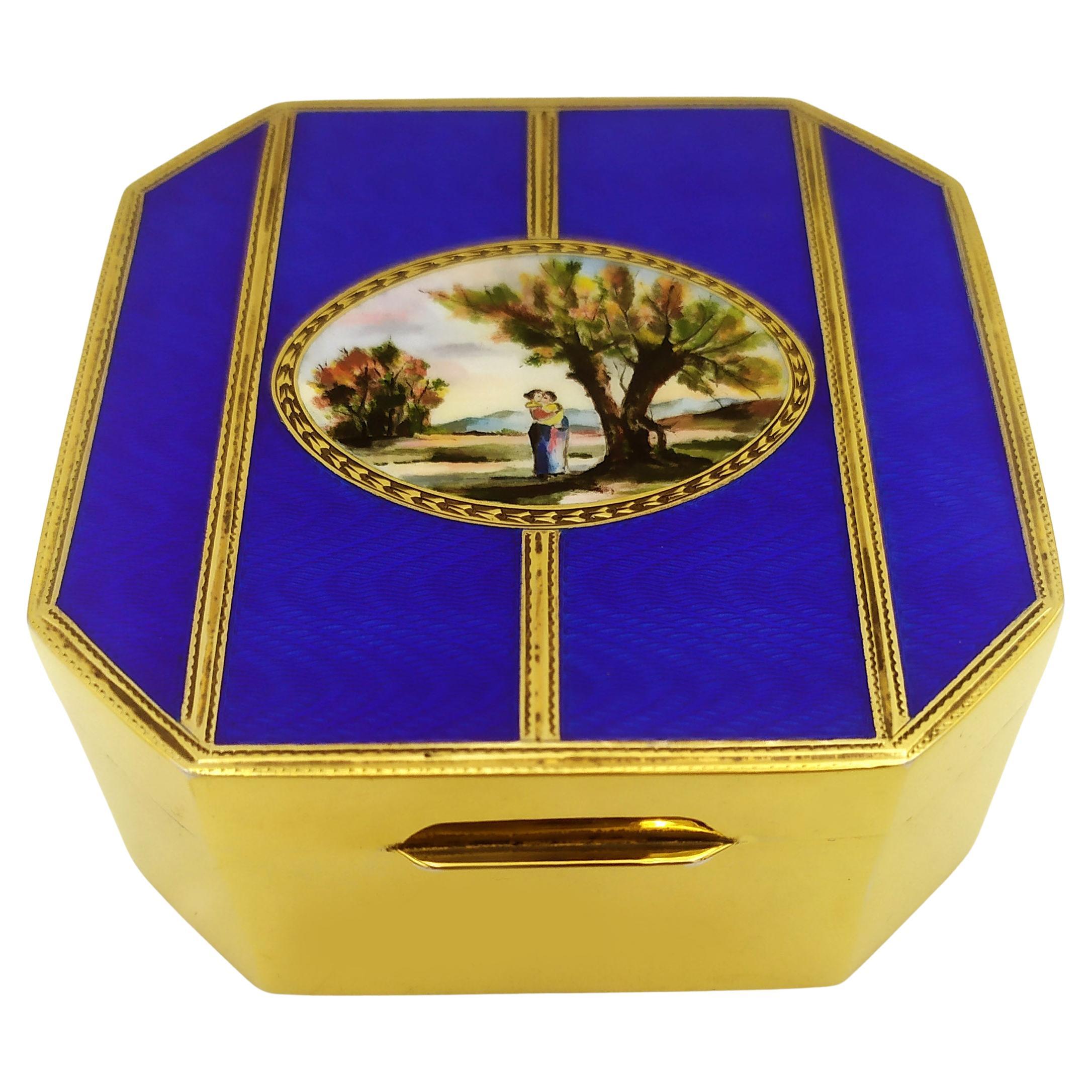 Caja de mesa azul y dorada con miniatura pintada a mano y esmaltada al fuego sobre guilloche Sa