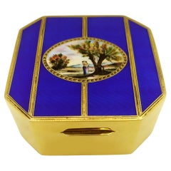 Boîte de table bleue et or avec miniature émaillée au feu peinte à la main sur guilloché Sa