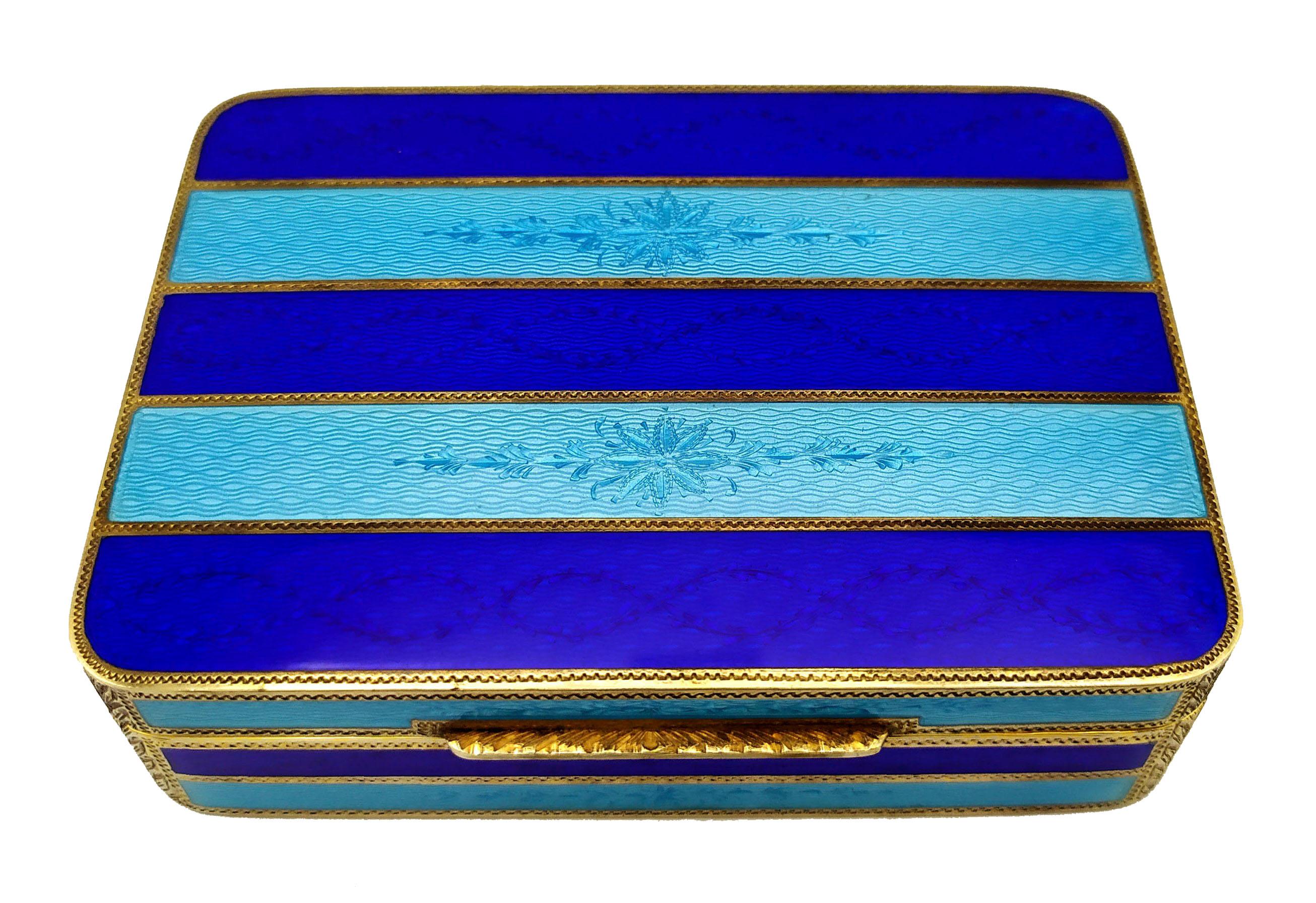 Rectangular table box with rounded corners in 925/1000 sterling silver gold plated with two-tone translucent fired enamels with guillochè stripes and hand-engraved motifs. George V English Empire style. Dimensions cm. 8.3 x 11.3 x 3. Weight gr. 349.