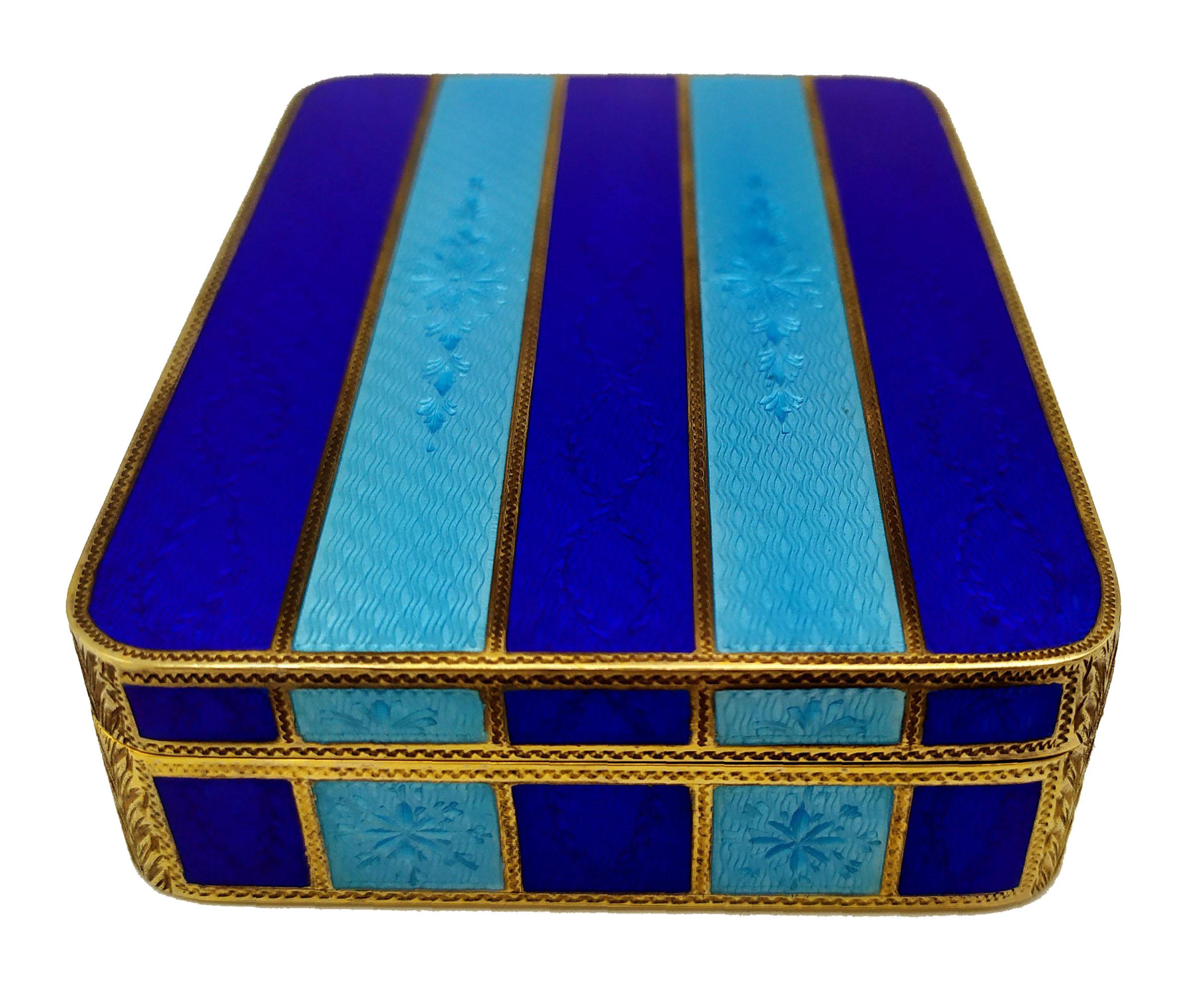 George IV Table Box Blue and Light Blue Stripes Guillochè and Enamel Sterling Silver Salim For Sale